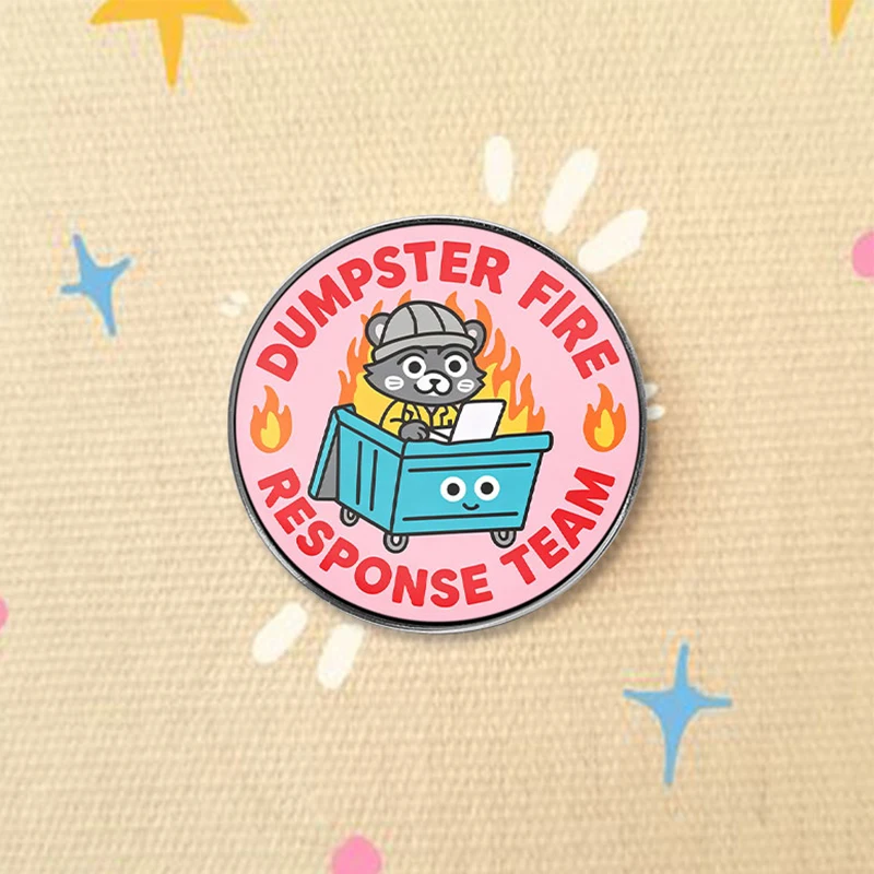 Garbage Bin On Fire UV Printing Pin Funny Cat Firefighter Brooches Meme Lapel Badge Humor Gift for Friends