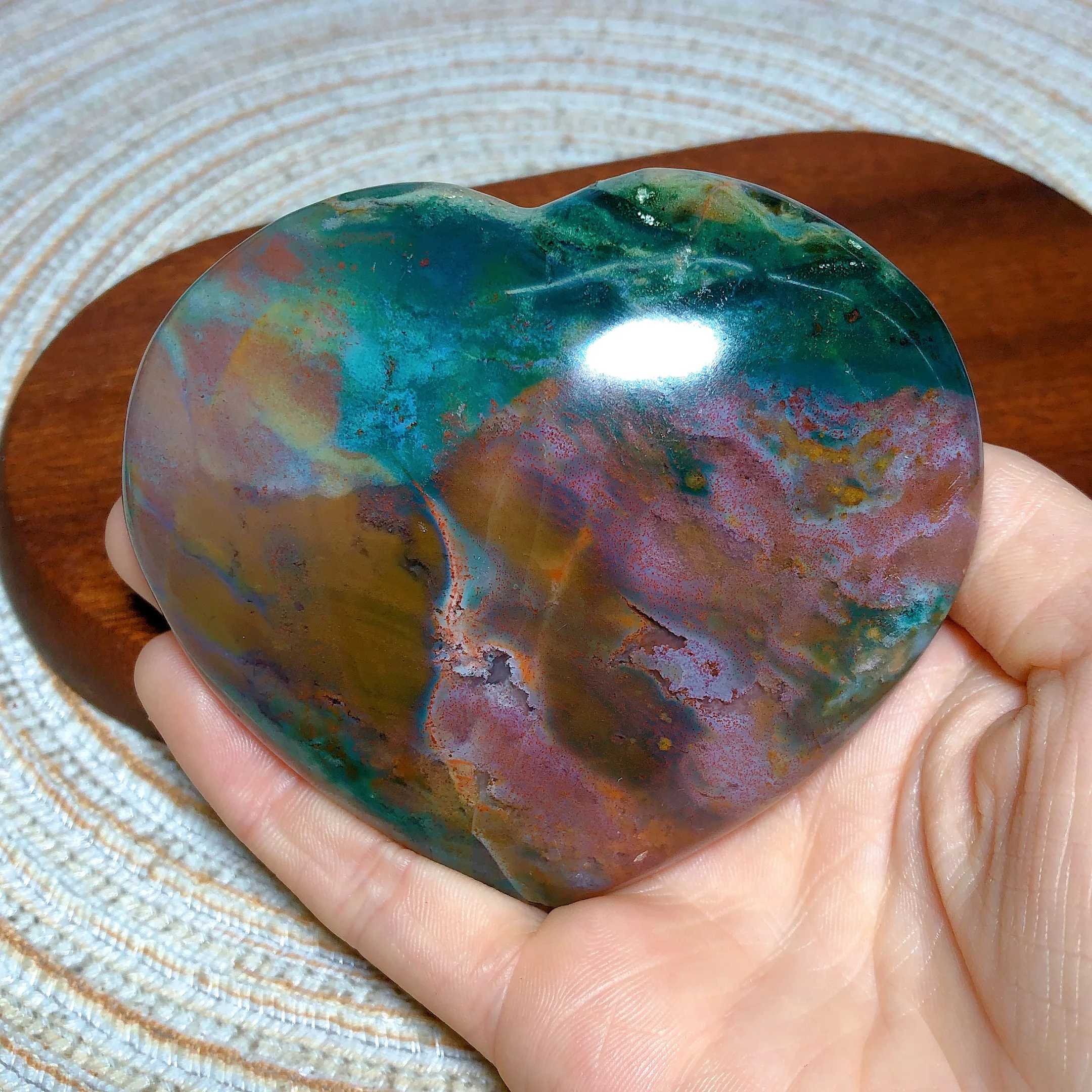 

Natural Crystal Ocean Jasper Heart Polished Energy Colorful Ornament Healing High Quality Home Decoration Gift