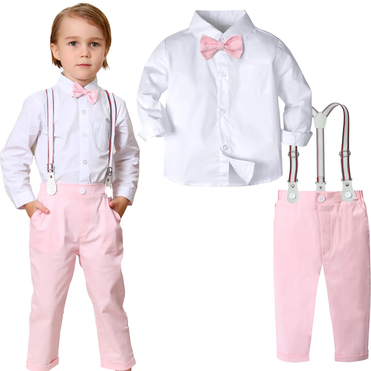 Toddler Boy Pink Outfit Easter Valentine\'s Day Set Suit for Kids Clothes Party Gift Girl Suspender Formal Photography Costume