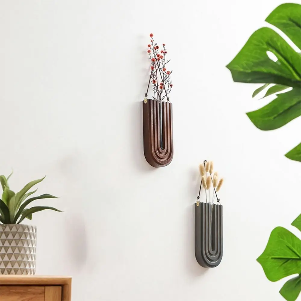 Pastoral Stable Wall-mounted Hydroponic Vase Durable Craft Wood Frame Vase Handmade Plant Holder Pendant Home Decor