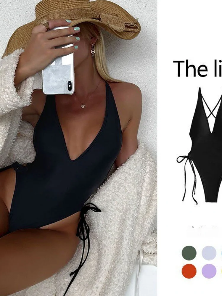 

Сексуальный монокини с глубоким V-образным вырезом, однотонный, высококачественный купальник-бикини, повседневный купальник для серфинга с подкладкой на груди, без...