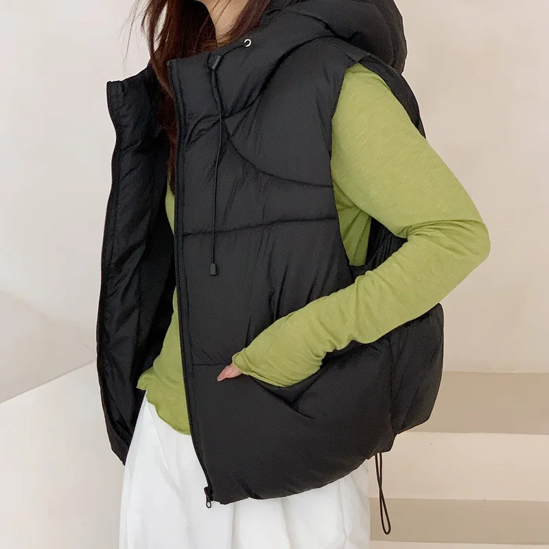 Hooded Women Parkas Vest Coats Solid Overcoat Sleeveless Drawstring Hem Zipper Thick Loose Office Lady Casual 2025 Autumn Winter