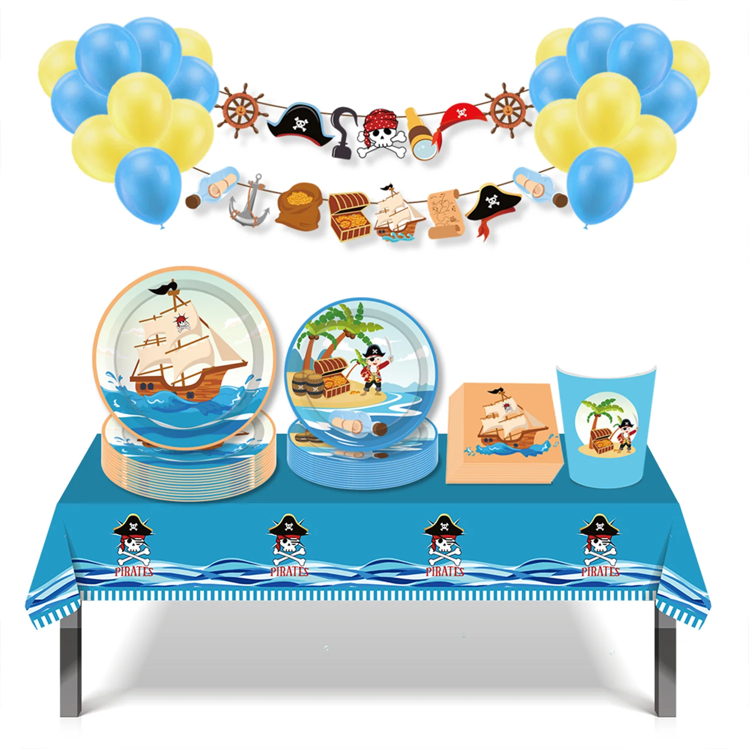 Cartoon Pirate Navigation Party Einweg Geschirr Sets Schiff Segel Geburtstag Teller Tassen Servietten Baby Shower Party Tisch Dekor – Detail 3
