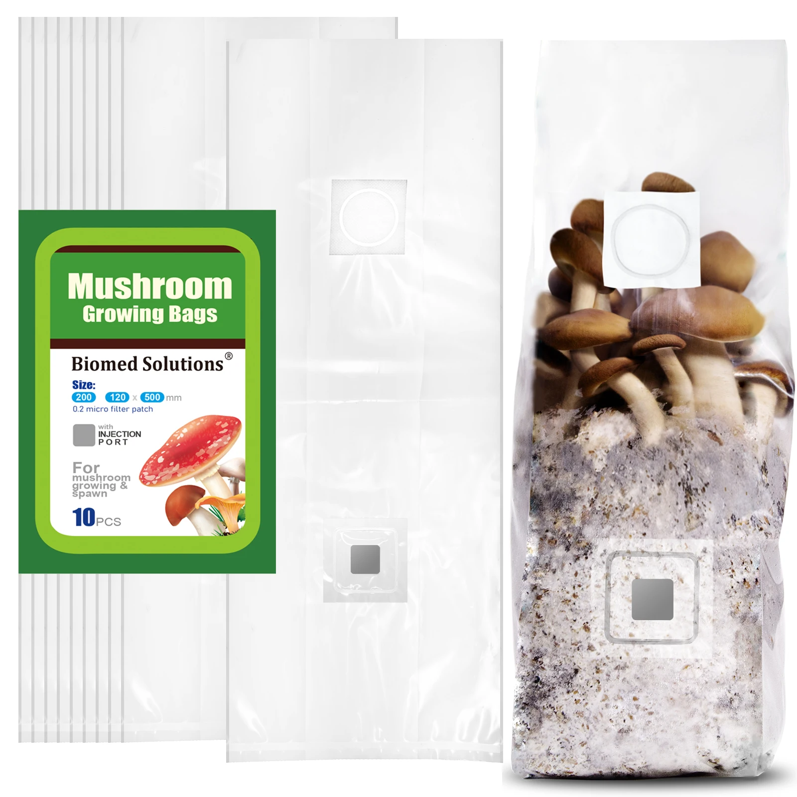 Mushroom Grow Bags with Injection Port and 0.2 Micron Gas Exchange Filter Patch, 6 Mil Polystyrene Grow Bag for Mycelium Cultiva