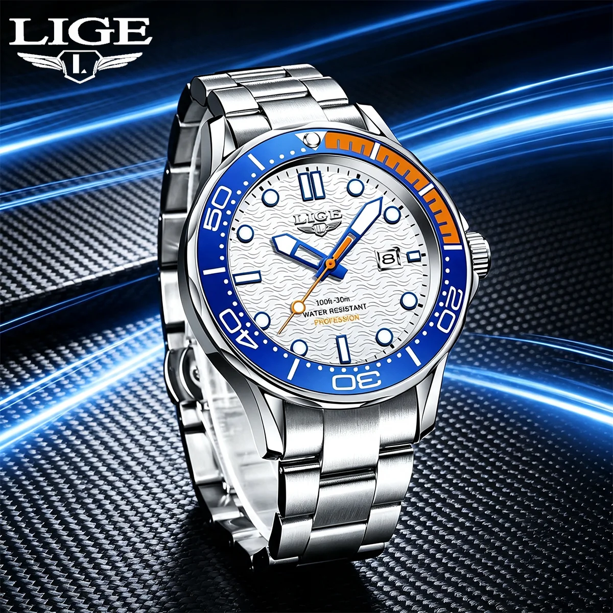 LIGE Fashion Men's Watches Business Steel Diver Dial Waterproof Luminous Luxury Quartz Wristwatch Male Clock Montre Homme+BOX
