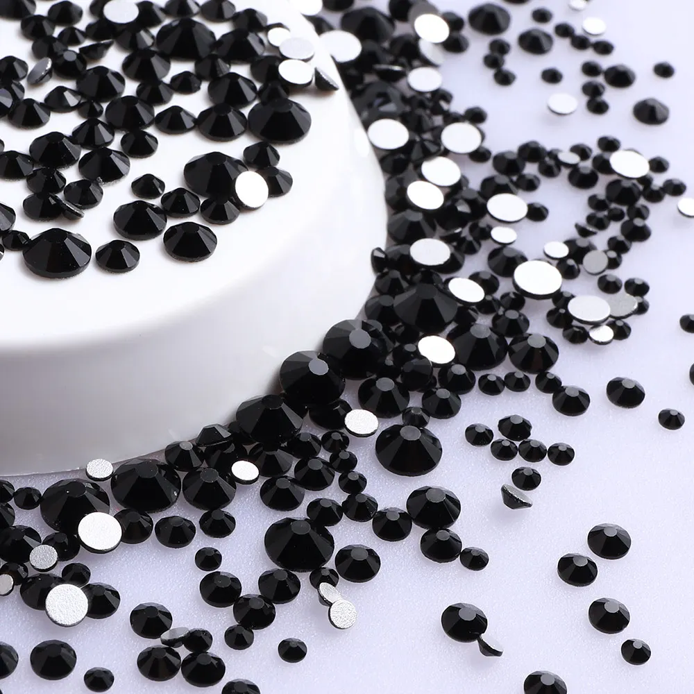 Black Mix Size Flatbase Glass Rhinestones SS3-SS20 Glue On Boutique Glitter Crystal For Nail Art Crafts Decoration Parts