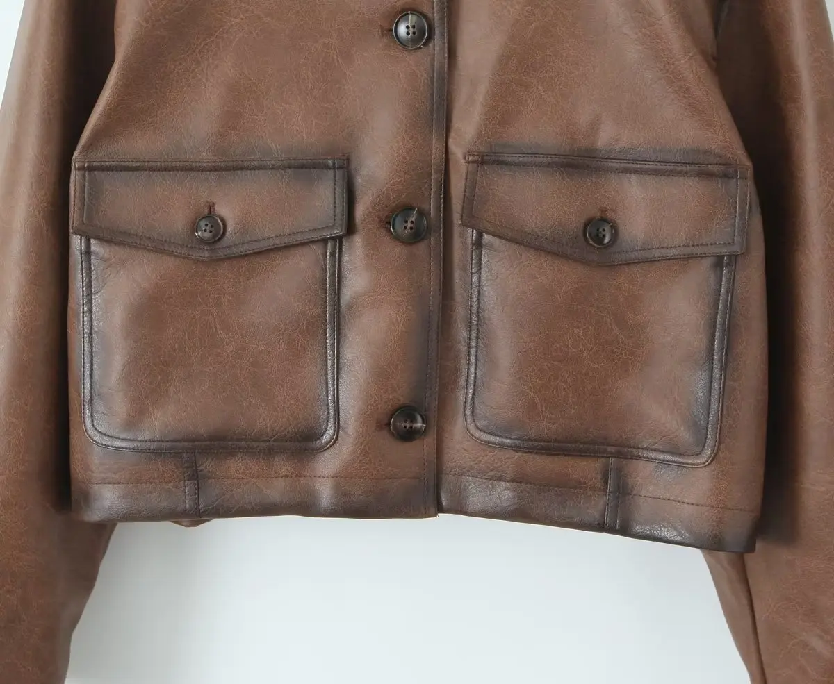 Dave&Di French Fashion High Street Vintage Washed  Jacket with Lapel Leather Pockets Brown Motorcycle Leather Coat Women