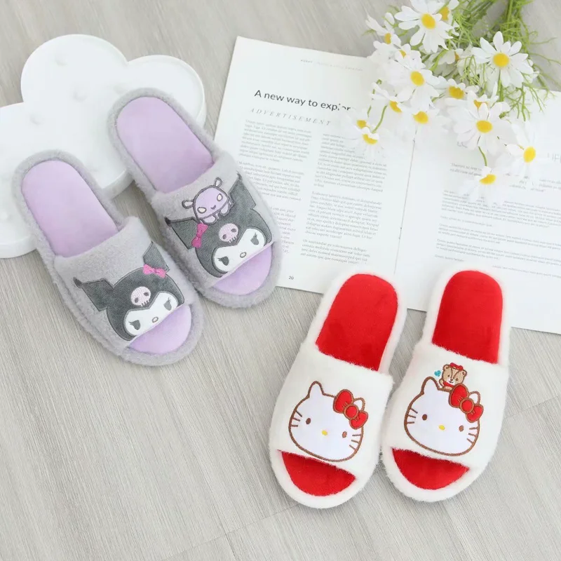 Sanrio Hello Kitty cute sweet warm home women's shoes Kulomi cartoon plush toes flat non-slip cotton slippers