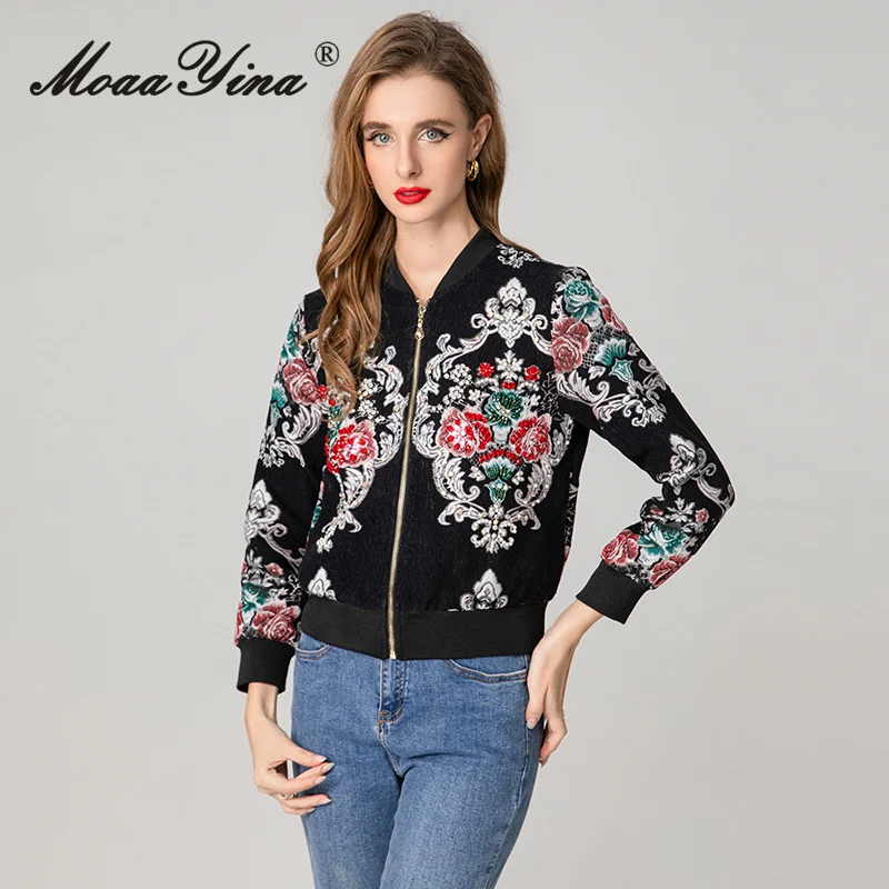 

MoaaYina 2025 Autumn Women's Coat Fashion Stand up Collar Long Sleeve Embroidered Jacquard Nail Bead Zipper Jacket