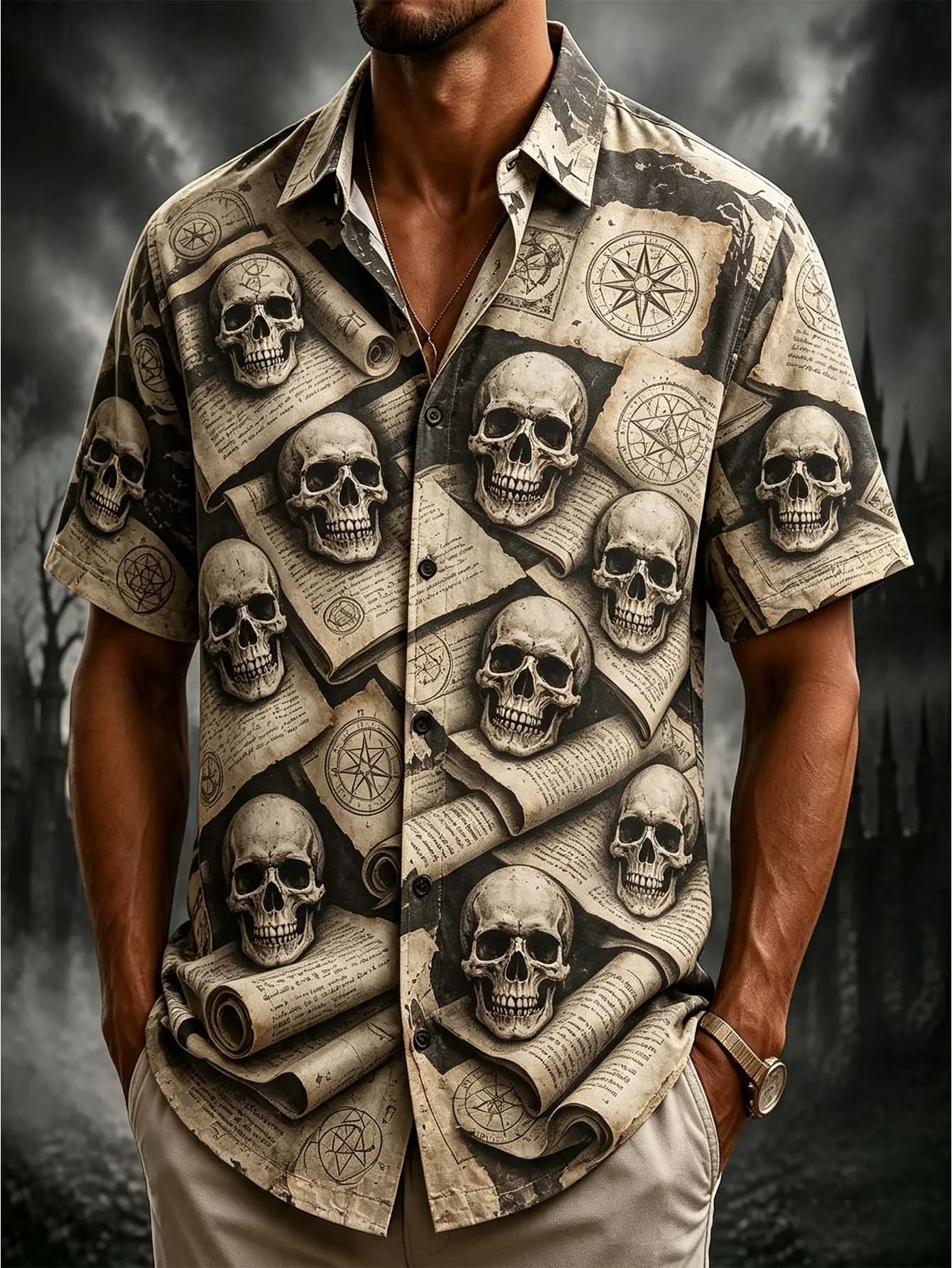 Men's Halloween Vintage Skull Full Digital Print Short Sleeve Button Shirt All Season Casual Daily Party Wear Top Men Clothes