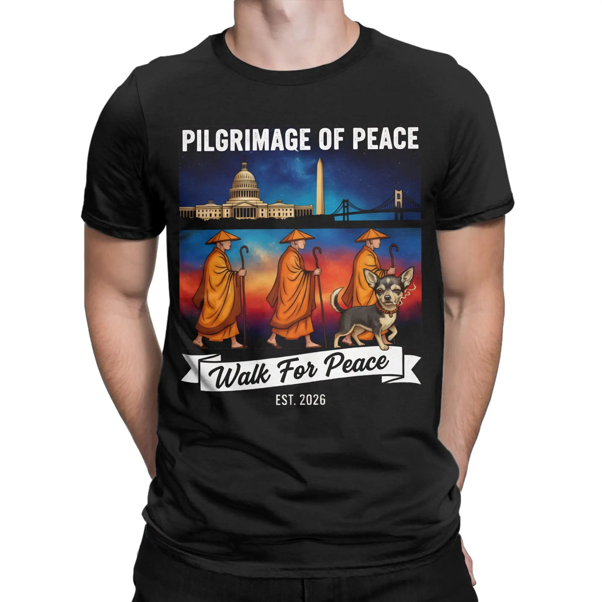 Men's Peace Walking Monks Pilgrimage Of Peace T Shirts  Cotton Tops Vintage Short Sleeve Crew Neck Tees Gift Idea T-Shirt