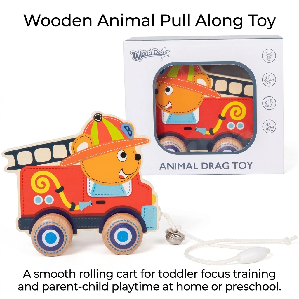 Animal Pull Toy for Toddlers Early Learning Focus Training Walking Balance Toy Smooth-Wood Rolling Cart for Home Preschool