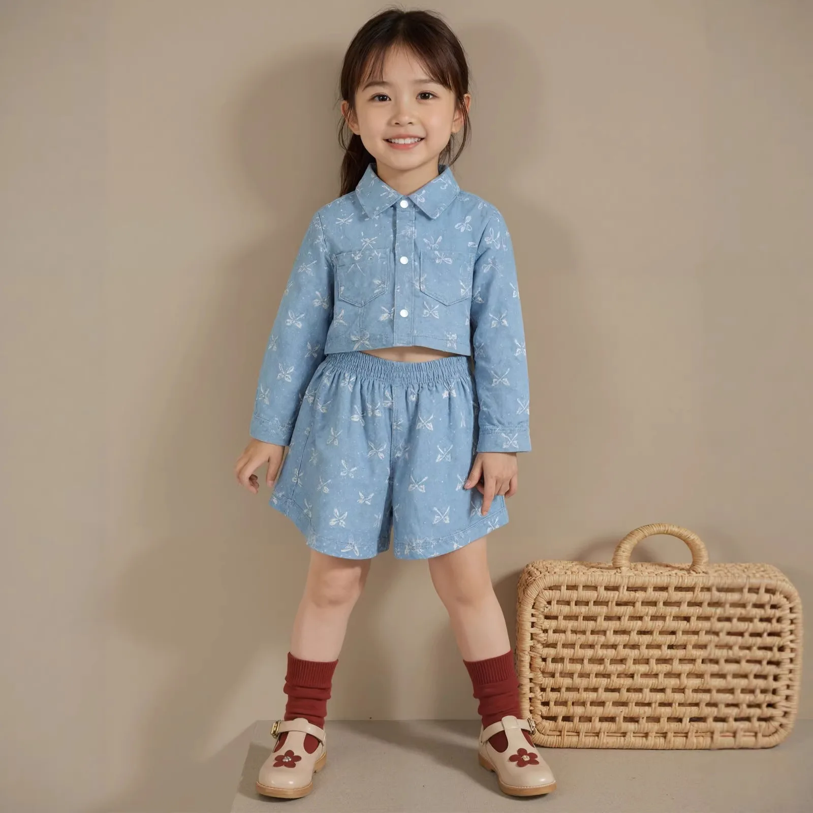 Two Piece Set 2026 Spring and Summer New Girl's Cowboy Children's Cute Printed Top Coat Casual and Fashion Suit