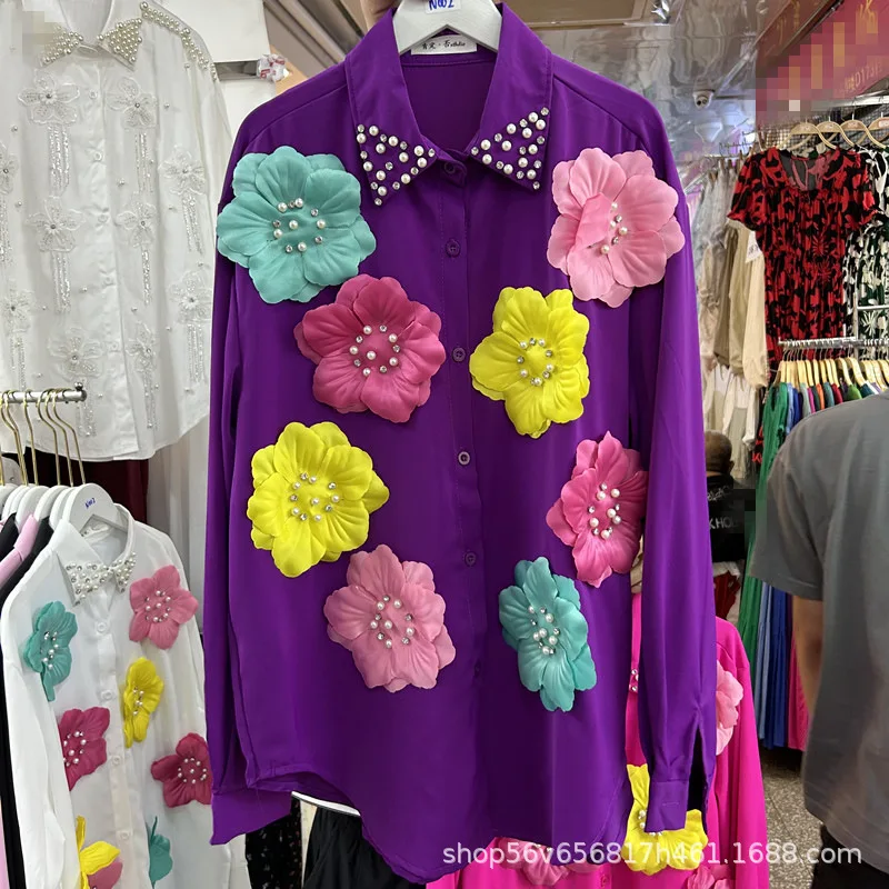 Pesado frisado strass camisa feminina bela flor 3d decoração solta casual na moda marca blusa 2025 outono novas blusas