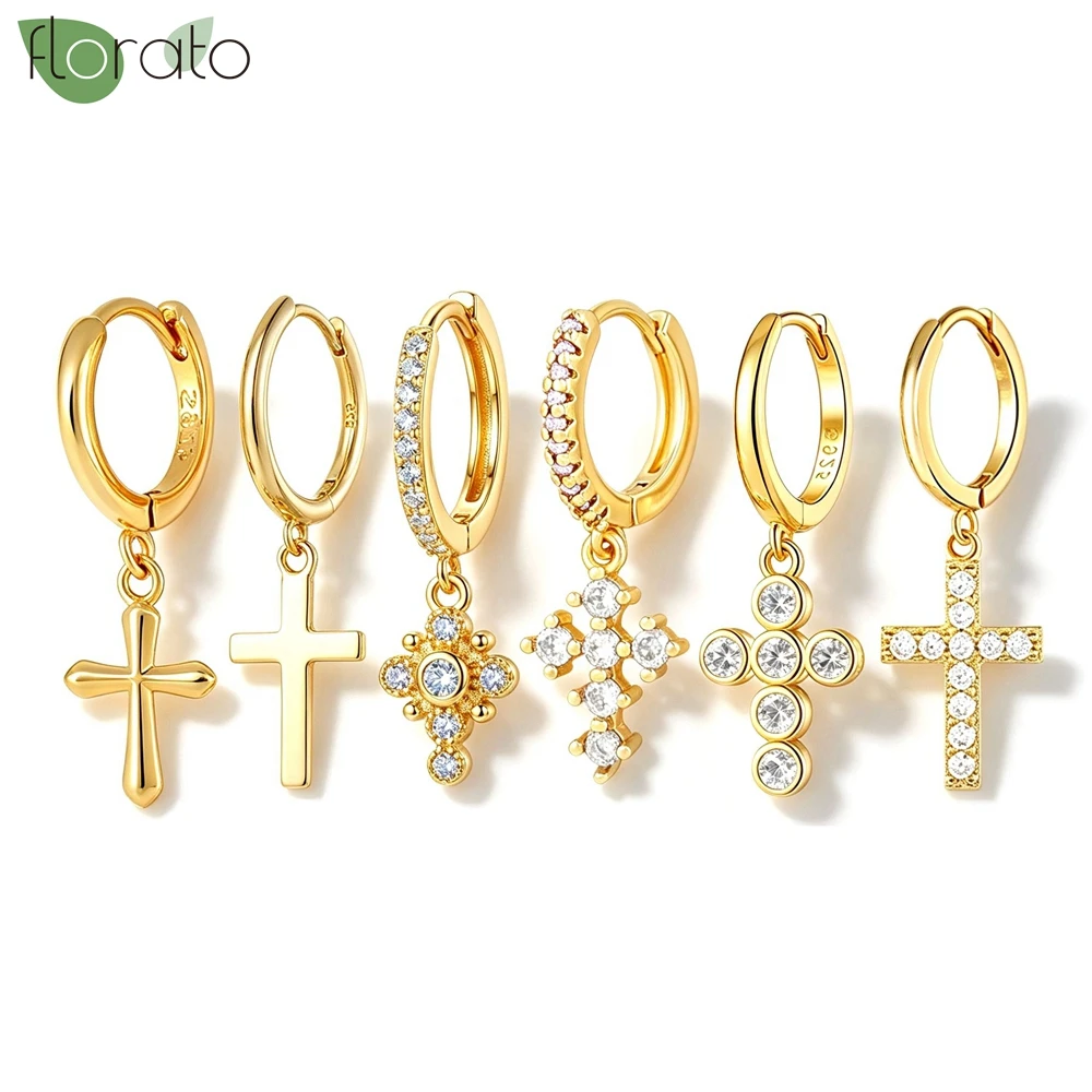 925 Sterling Silver Needle Fashion Cross Pendant Hoop Earrings for Women Vintage Gold Color Small Earrings Luxury Jewelry Gifts