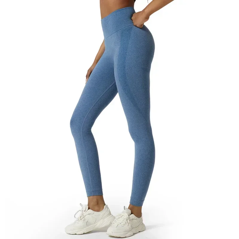 Pantalones deportivos sin costuras para mujer, traje de Yoga sólido, cintura alta, levantamiento de cadera, Leggings ajustados, moda, 30190