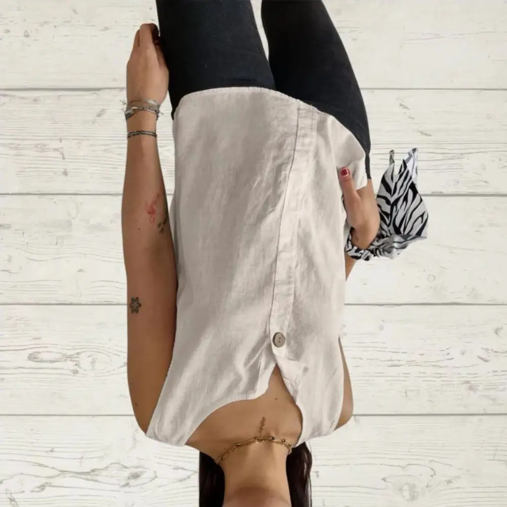 Sleeveless Button-up Shirt Women Vest Sleeveless Button Decoration Casual Tank Tops Solid Color Cotton Linen Breathable Tops