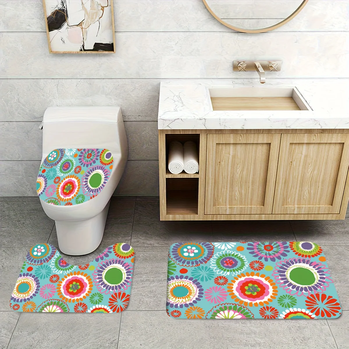 

3pcs Vibrant Floral Print Bathroom Mat Set, Toilet Lid Cover, U-Shaped Toiletry Pad, Flannel Material, Soft Surface, Non-Slip