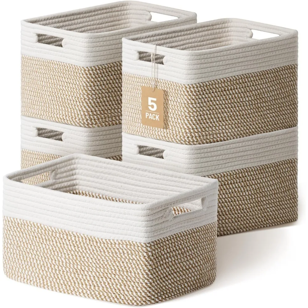 

Five Woven Shelf Baskets Decorative Cotton Rope Storage Bins for Books Clothes Closet Bathroom Khaki White