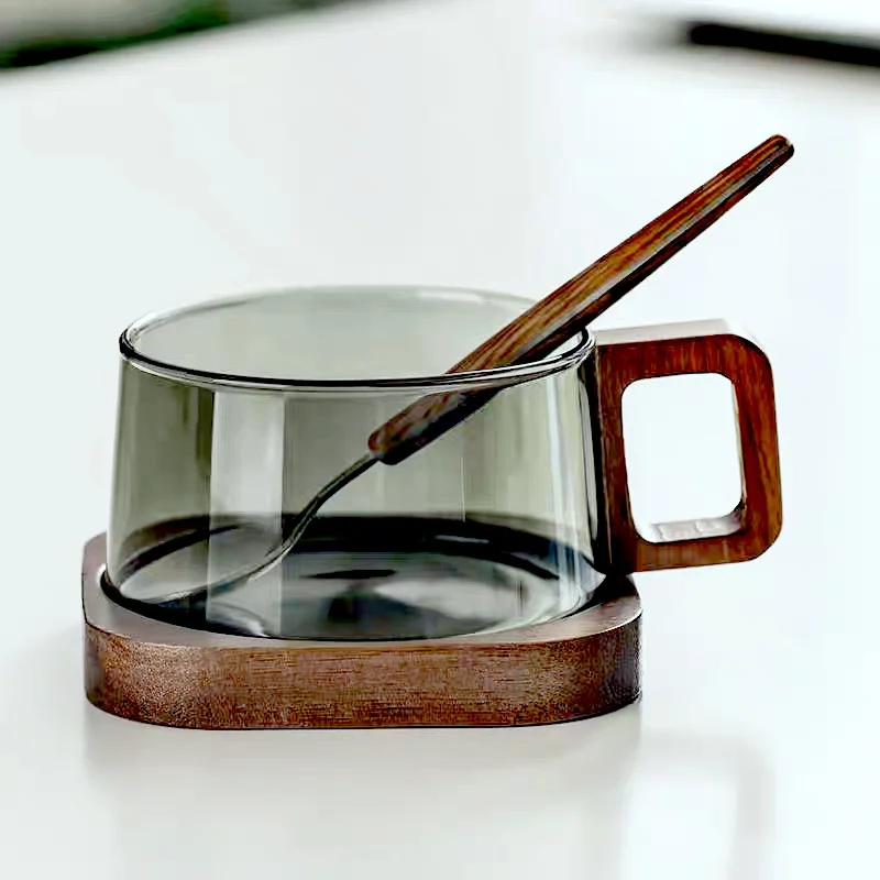 アメリカンラテグラスコーヒーマグ-木製トレイ付きスプーン-耐熱ミルクティーカップ-フレッシュグラウンドコーヒーカップ