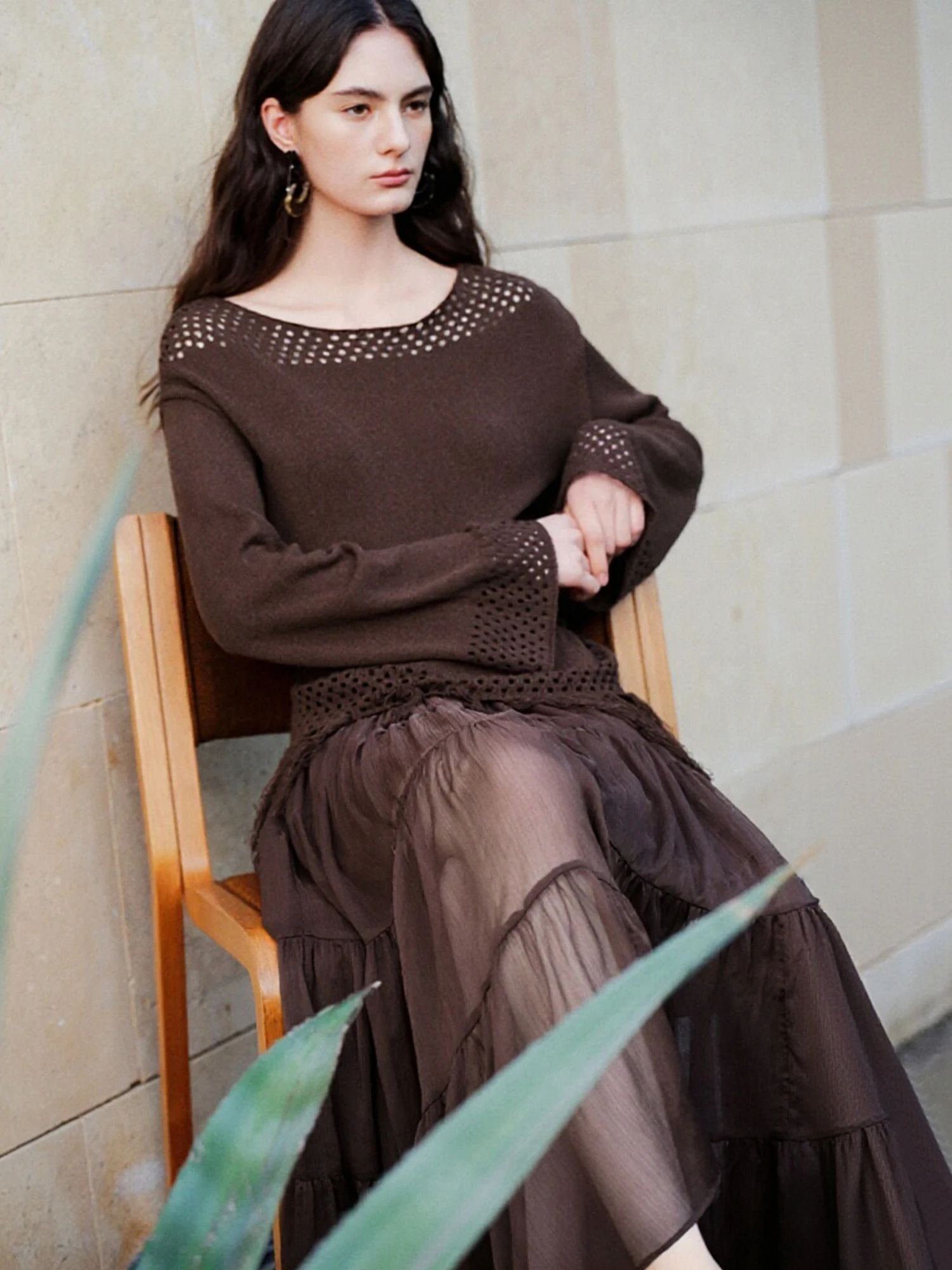 ZIQIAO 2026 Spring Women's Boho Inspired Openwork Knitted Top Bell Sleeves and Floral Embroidery - Round Neck Casual Chic Blouse