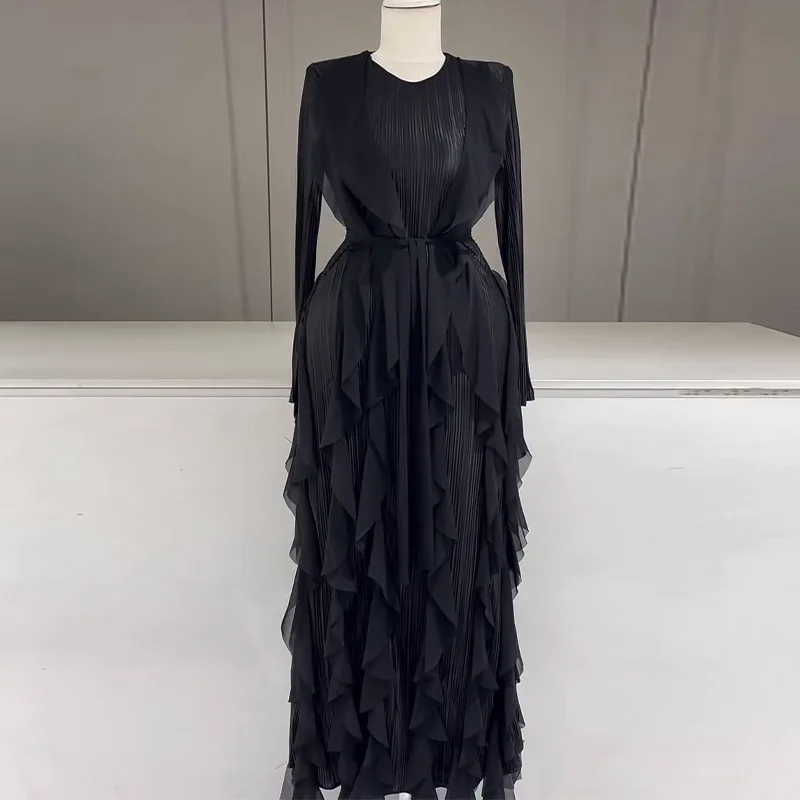 Ruffles Pleated Maxi Dress For Women Round Neck Long Sleeves High Waist Satin Dresses Lace-up Fashion Party New Clothing