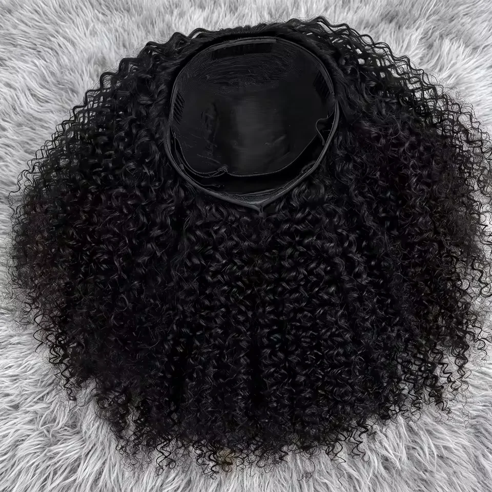 Half Wig Adjustable Drawstring Wig Cap Glueless Wig 250% Density  Jerry Curly Natural Black Human Hair Wigs