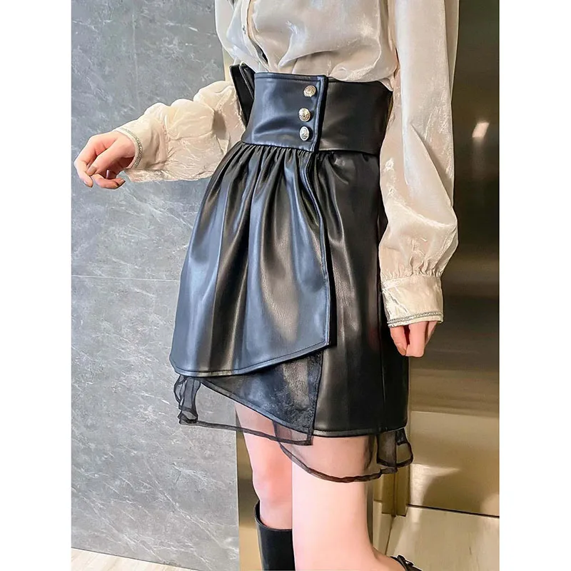 

Summer Aew High Fashion PU Leather Stitching Little Skirt New High Waist Gauze Fashion Skirt Joker Sexy A-Shaped Leather Skirt