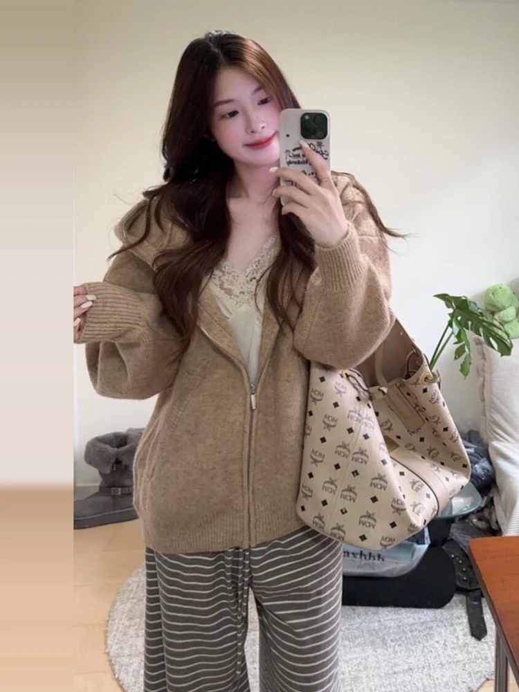 

Ladies Thi Knitted Zipper Hooded Sweater Outerwear Casual Comfortable Autumn Winter Faion Sle Polyester Fiber Long Sve