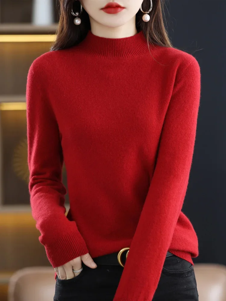 

Fashion Merino Wool Sweater Solid Color Mock Neck Cashmere Pullover Basic Autumn Winter Soft Long Sleeve Clothing Tops