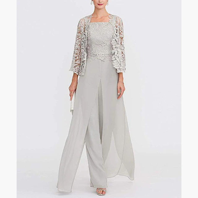 Elegante pizzo grigio madre della sposa tailleur pantalone Plus Size Chiffon formale madre abiti da sera lunghi abiti De Madrina AliExpress