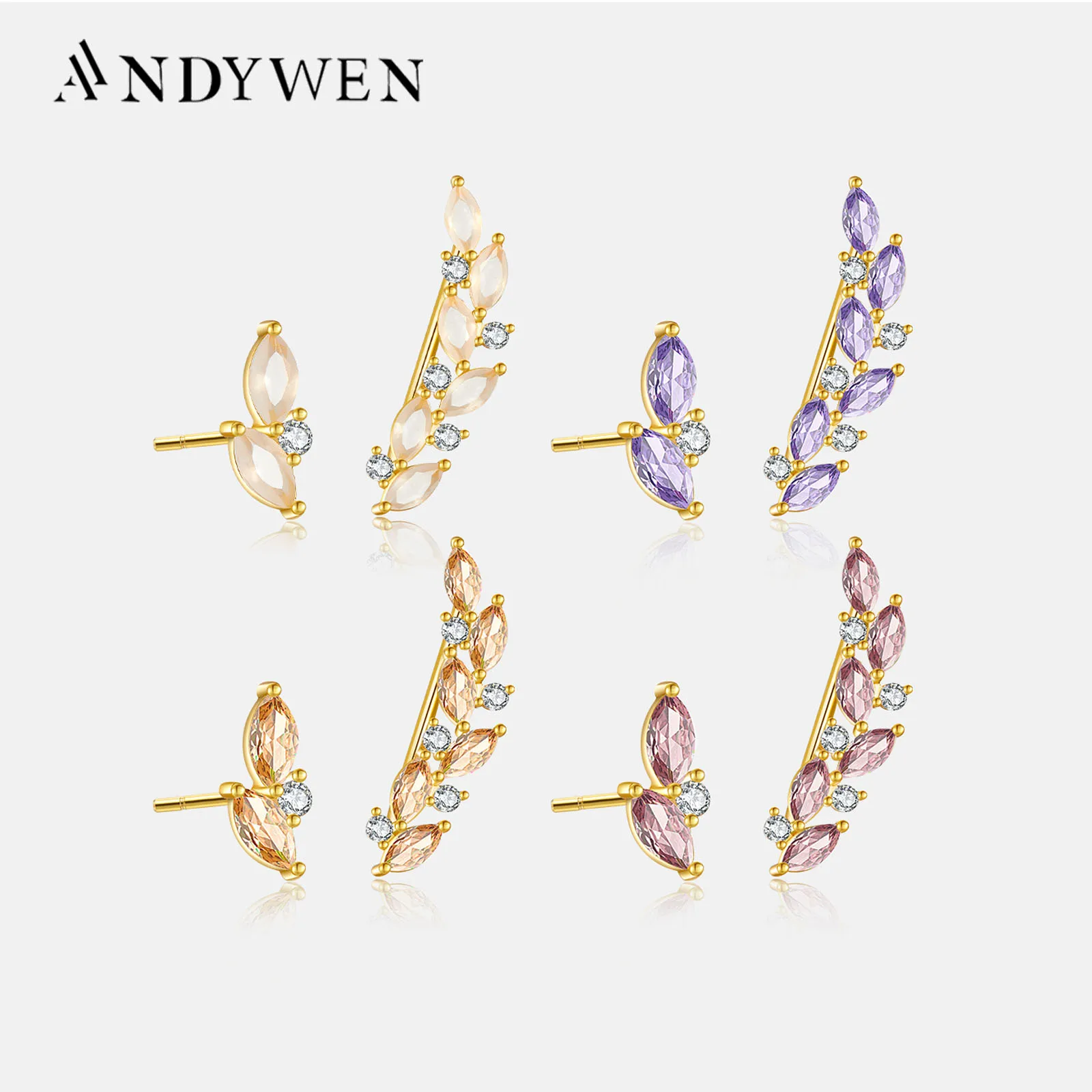 ANDYWEN 925 Sterling Silver Gold Purple Milk Gemstone Climber Stud Earring Irregular Piercing Pendientes Woemn Fashion Jewels