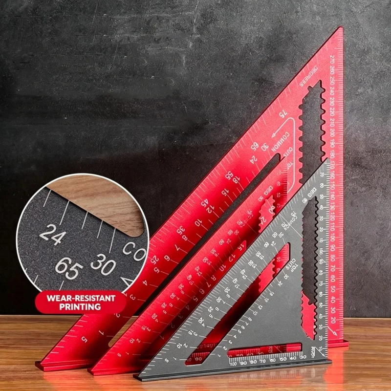 JUSTINLAU 7&12‑Inch Aluminium Alloy Triangle Ruler Inch Metric Protractor Square Precision Angle Measurement Gauging Tool