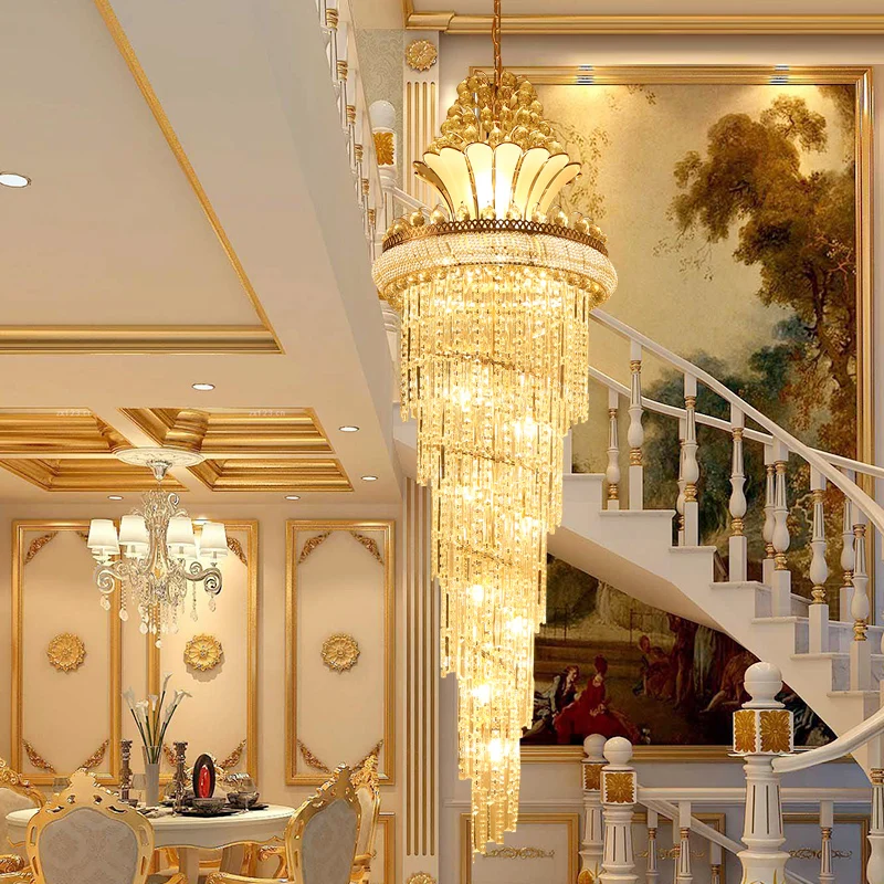 

Long Stair Crystal Chandelier Gold Chandelier European Modern Pendant Lighing for Villa Living Room Ceiling Pendant Lights