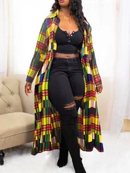 4XL 5XL LW Women Autumn&Winter Plus Size Basic Street Turndown Collar Long Sleeve Print Plaid Patchwork Yellow Coat