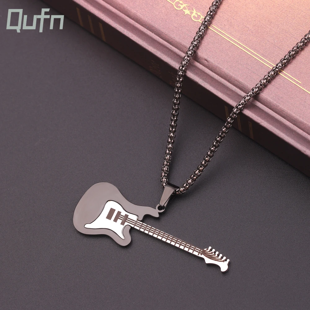 Creative Hip Hop Guitar Pendant Necklace Men Women Trendy Stainless Steel Rock Music Guitar Necklace