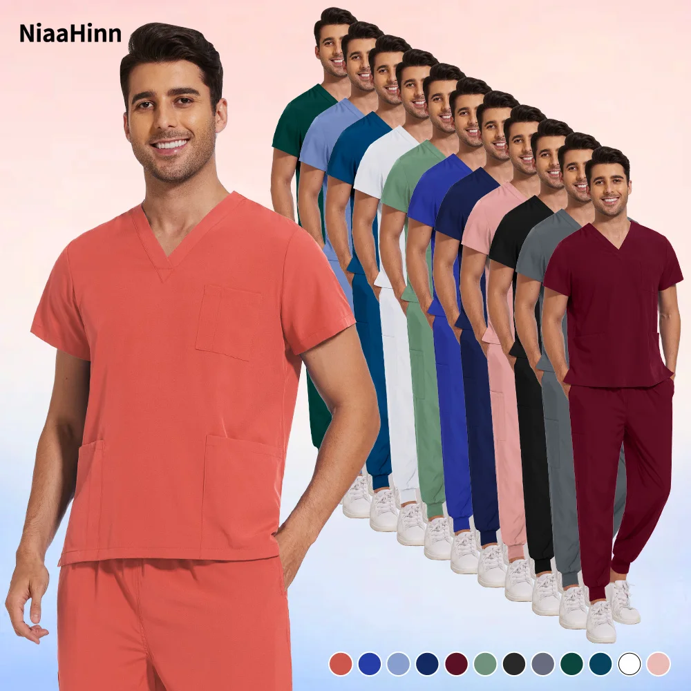 ชุดสครับทางการแพทย์ Niaahinn ผ้าสเตรช ระบายอากาศได้ดี ชุดจ็อกเกอร์สำหรับผู้ชาย ชุดยูนิฟอร์มพยาบาล ผ้าสแปนเด็กซ์ ชุดยูนิฟอร์มสครับสำหรับโรงพยาบาลสัตว์