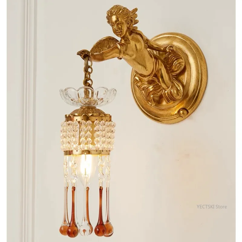 French wall lamp, European luxury crystal wall lamp, living room bedroom bedside lamp, villa angel classical lamp