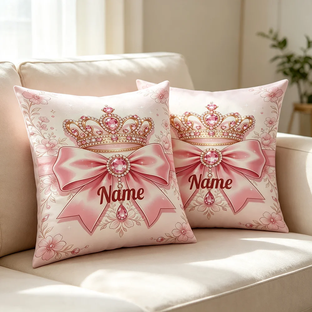 1PC Personalized Pink Diamond Crown Pillow Cover Custom Name Bow Floral Princess Cushion Case Girls Bedroom Nursery Decor Gift