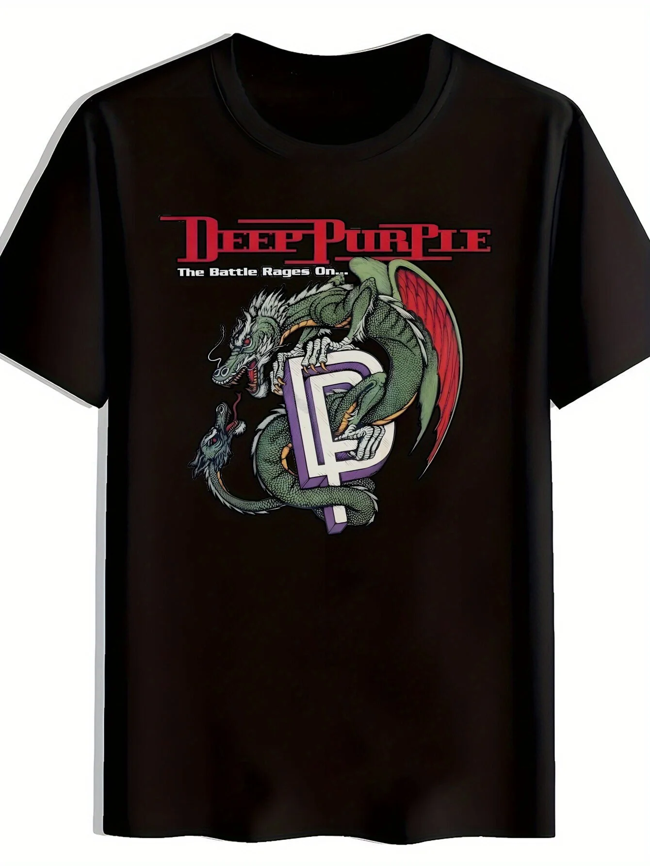 

[Rock Band Tee] Black Polyester Men's Graphic T-Shirt | Rock Band Design with Dragon & Guitar, Casual Summer Tee for Heavy
