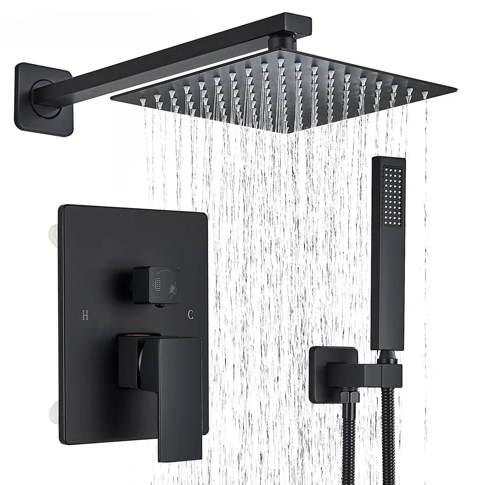 

Senlesen Matte Black Bathroom Shower Faucet Set 12" Ultra-thin Rain Waterfall Concealed Shower System Hot Cold Shower Combo Set