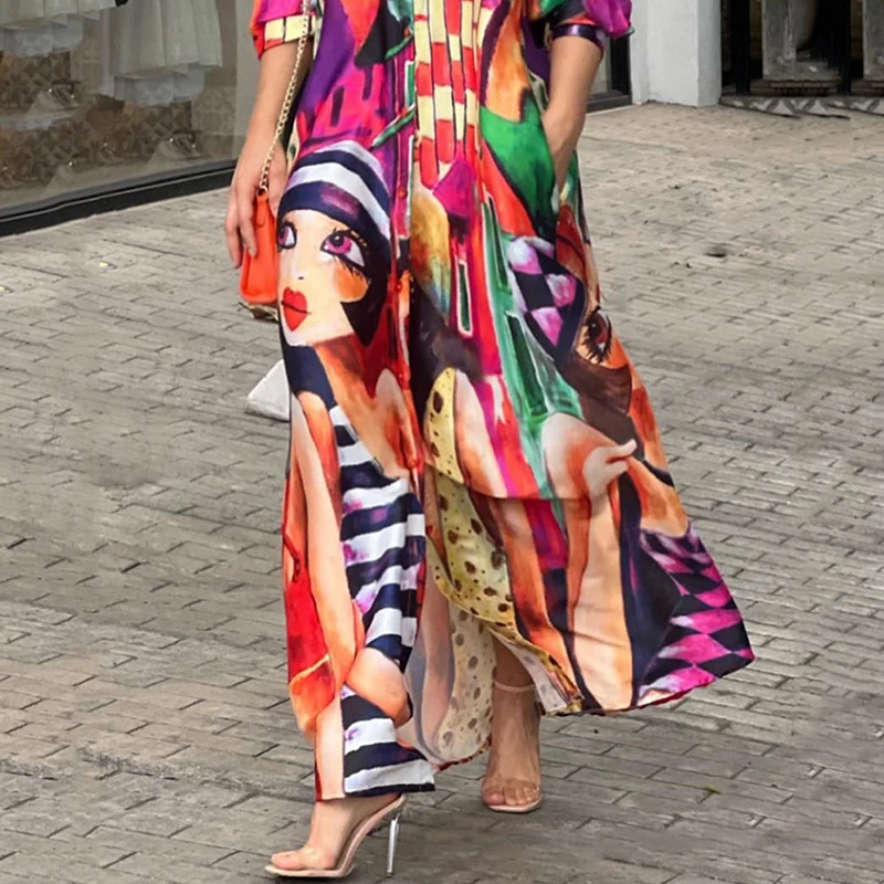 Women Long Maxi Dress Turn Down Neck High Waist Buttoned Abstract Figure Print Shirt Dress Button Casaul Loose Dress Vestidos