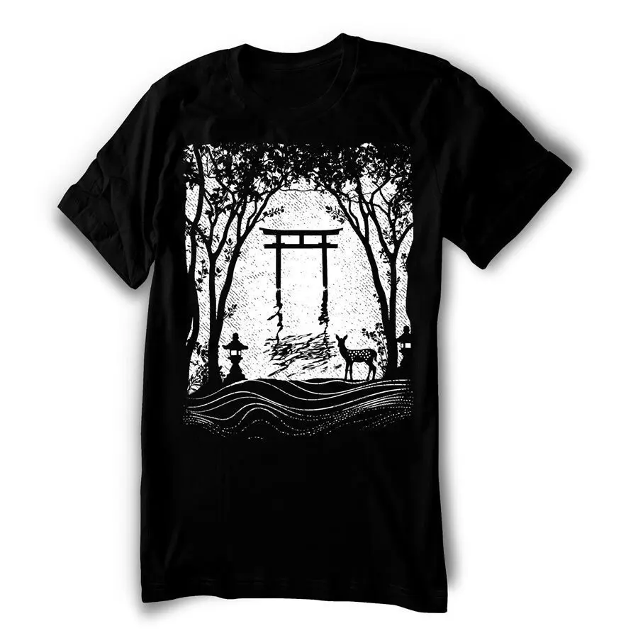 Japanese T Shirt Floating Torii Gate Japan Shinto Shrine Deer Miyajima Nature Men Sizes Hand Screenprinted