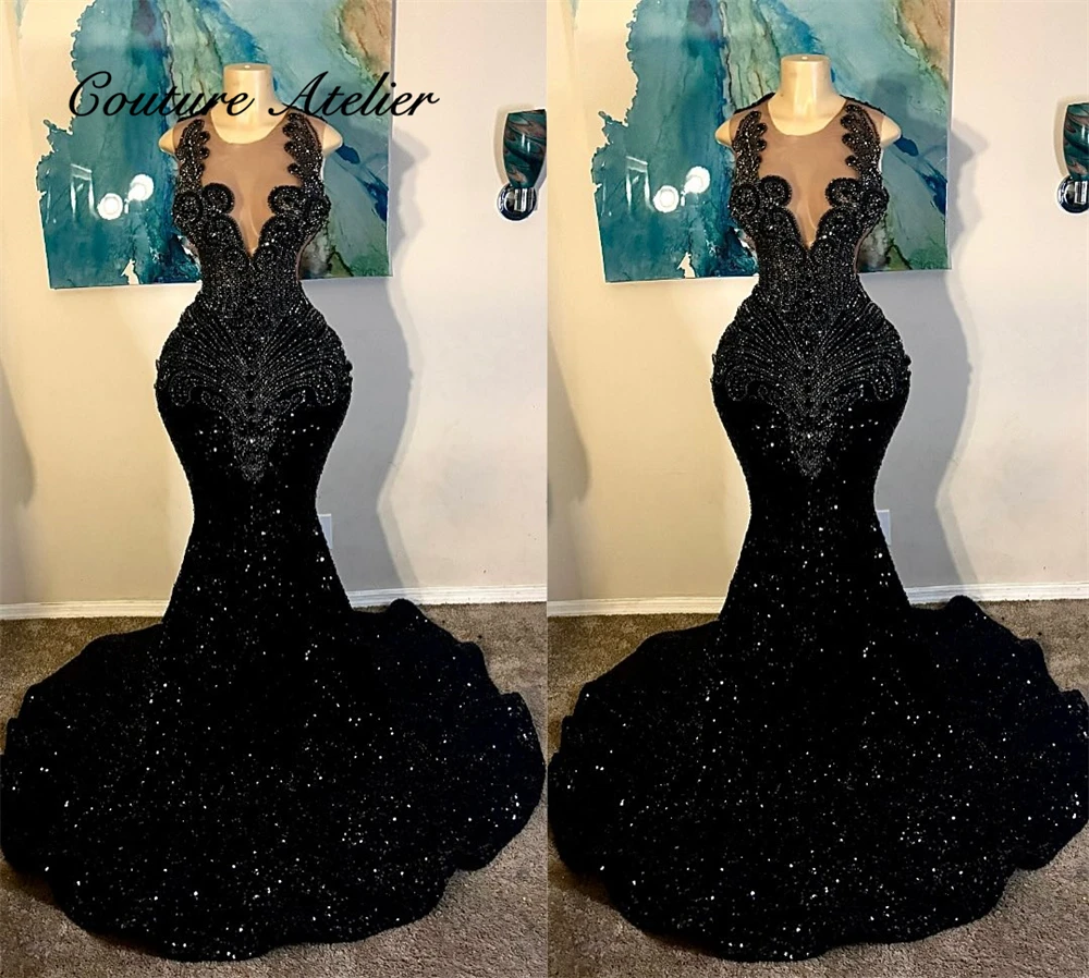 Black Sequin Rhinestones Mermaid Prom Dresses 2024 Black Girls Luxury Beaded Wedding Dress Birthday Party Gown Customized