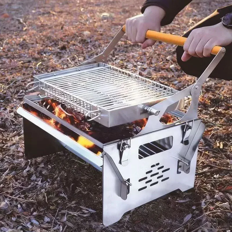 Flip Style BBQ Grill 2 in 1 Stainless Steel Camping Fire Pit Double Side 180° Flip Grill Grate for Outdoor Picnic Camping