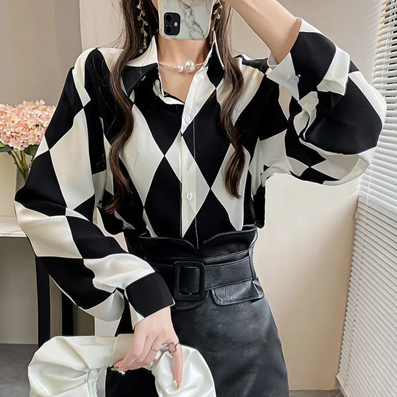 Women\'s Fashion Printed Long Sleeve Loose Button Up Shirt 2022 Spring Autumn Casual Lapel Oversize Streetwear Blouse Ladies Tops