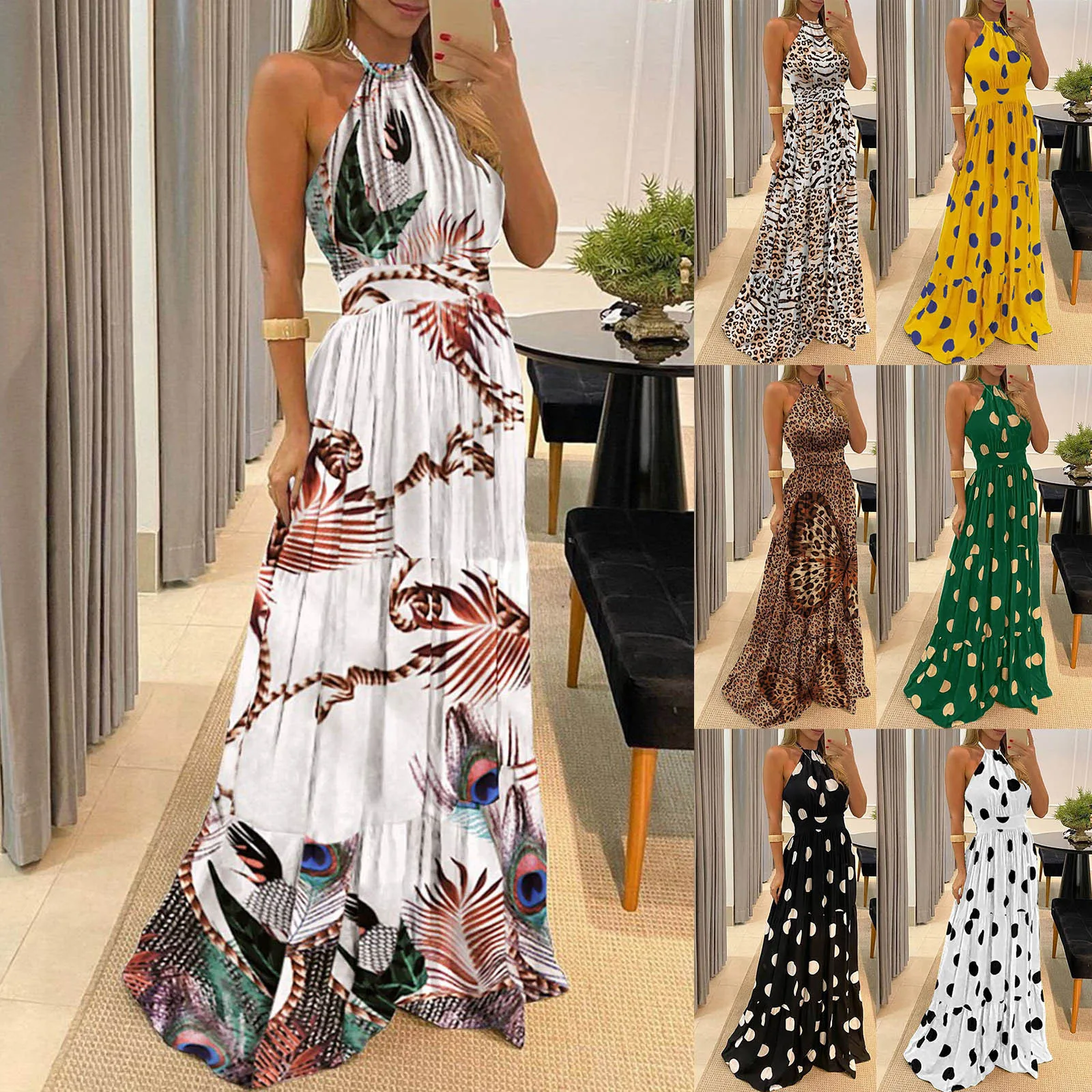 Summer Printed Halter Neck Long Dresses Women Sexy Backless Bohemian Beach Dress Fashion Trendy Vacation Maxi Vestidos Female