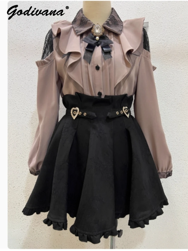 

Japanese Style Lolita Mine Off-Shoulder Lace Stitching Pearl Rhinestone Bow Tie Shirt Women Girls Summer Bow Shirt Pink Blouses