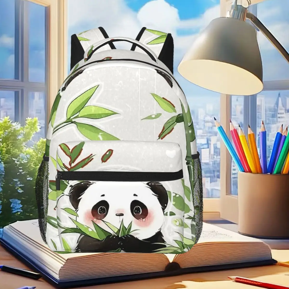 

Cartoon Cute Panda Eats Bamboo Backpack Student Boys Girls BookBag Children School Bag Laptop Shoulder Bags for Men Women