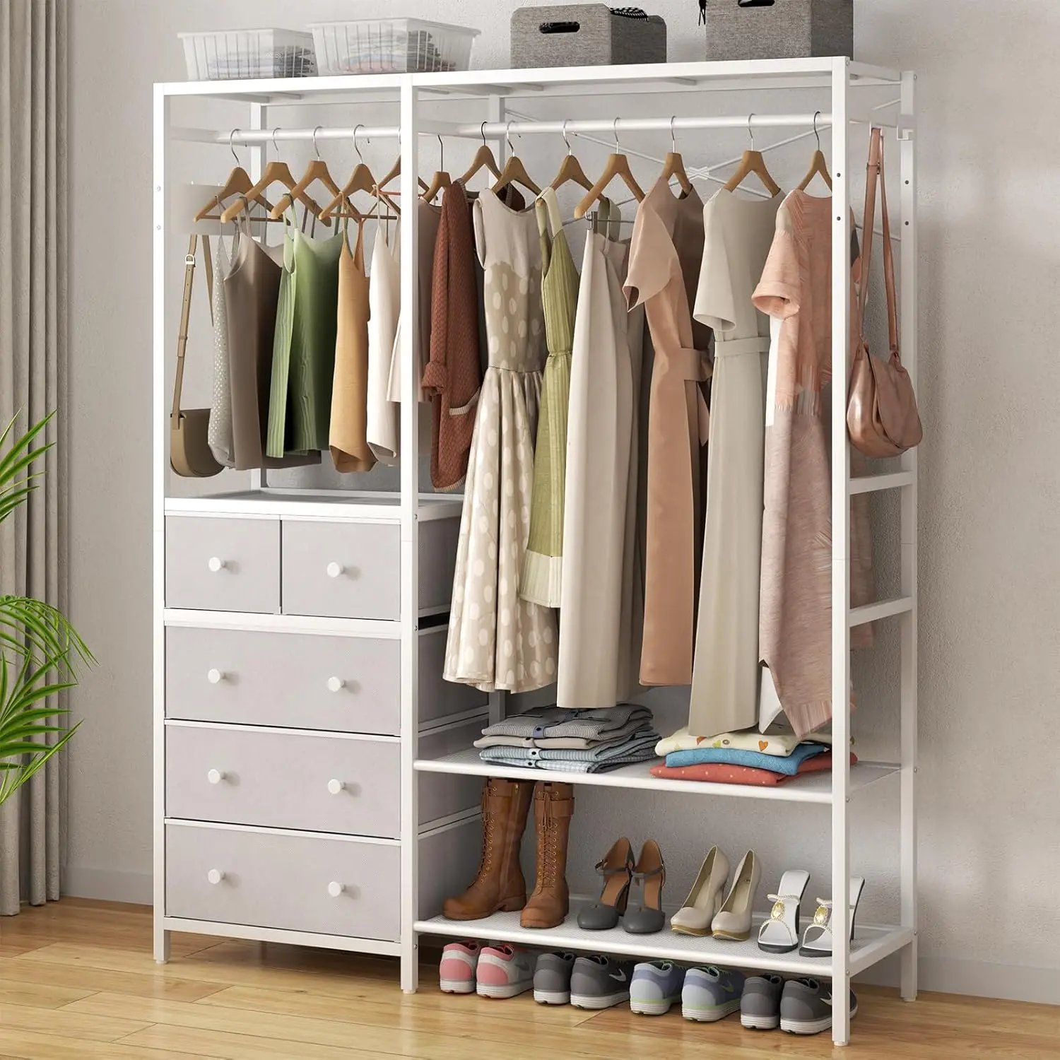 Clothes Rack with 5 Drawers, 4 Shelves, 2 Rods & 5 Hooks, Freestanding Wardrobe Organizer (White)